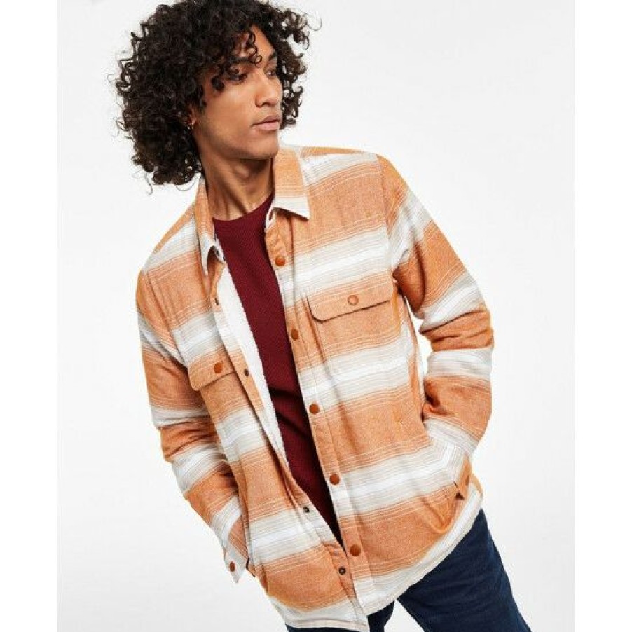 Men * | Flash Sale Sun + Stone Men'S Kip Regular-Fit Stripe Fleece-Lined Flannel Shirt Jacket, Created For Macy'S Caramel Cafe