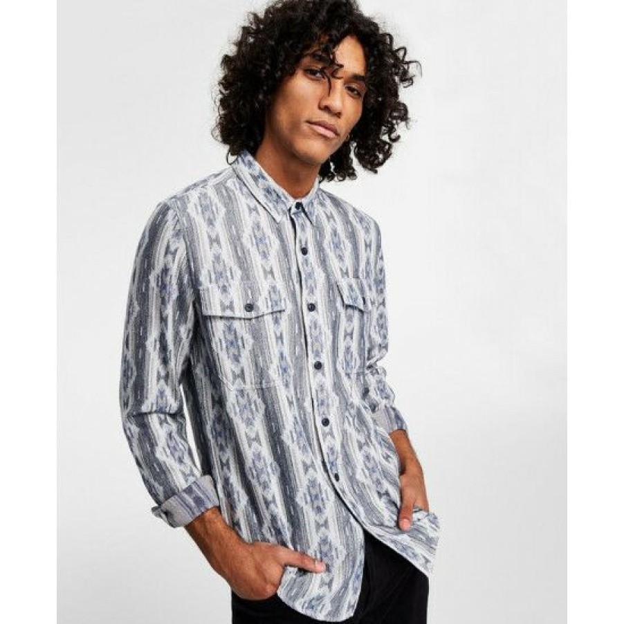 Men * | Flash Sale Sun + Stone Men'S Shaker Regular-Fit Geo Jacquard Flannel Shirt, Created For Macy'S Basic Navy