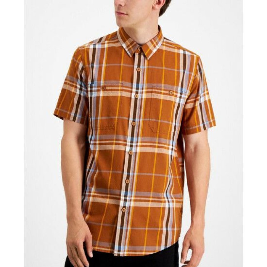 Men * | Brand New Sun + Stone Men'S Alistair Regular-Ft Plaid Twill Shirt, Created For Macy'S Caramel Cafe