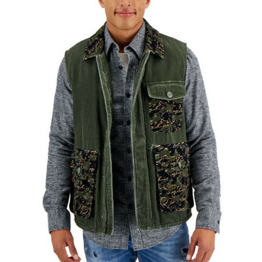 Men * | New Sun + Stone Men'S Beck Regular-Fit Camo Colorblocked Corduroy Vest, Created For Macy'S Green