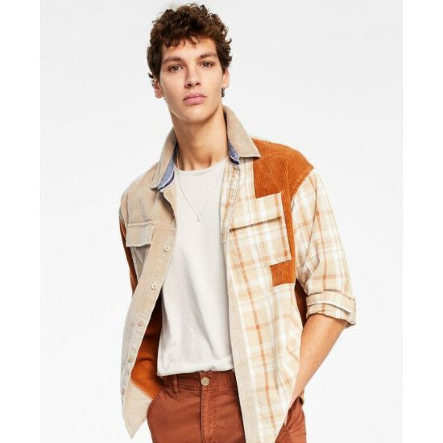 Men * | Budget Sun + Stone Men'S Bishop Patchwork Shirt, Created For Macy'S Beige