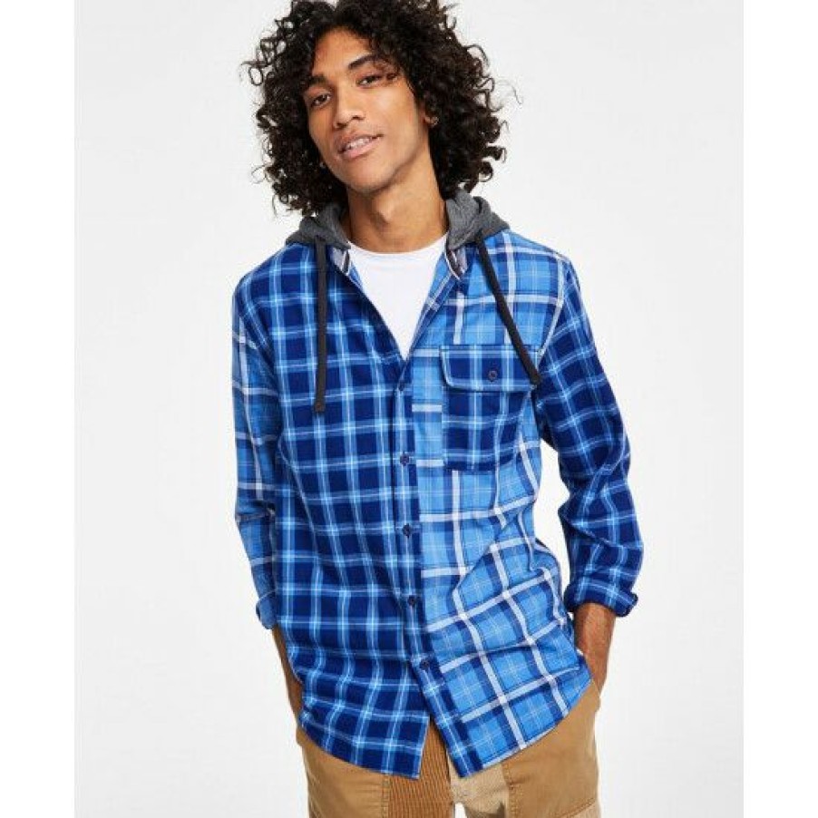 Men * | Top 10 Sun + Stone Men'S Snyder Regular-Fit Patchwork Plaid Hooded Shirt, Created For Macy'S Blue Combo