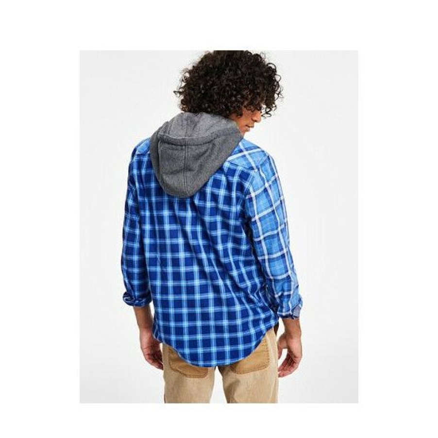 Men * | Top 10 Sun + Stone Men'S Snyder Regular-Fit Patchwork Plaid Hooded Shirt, Created For Macy'S Blue Combo