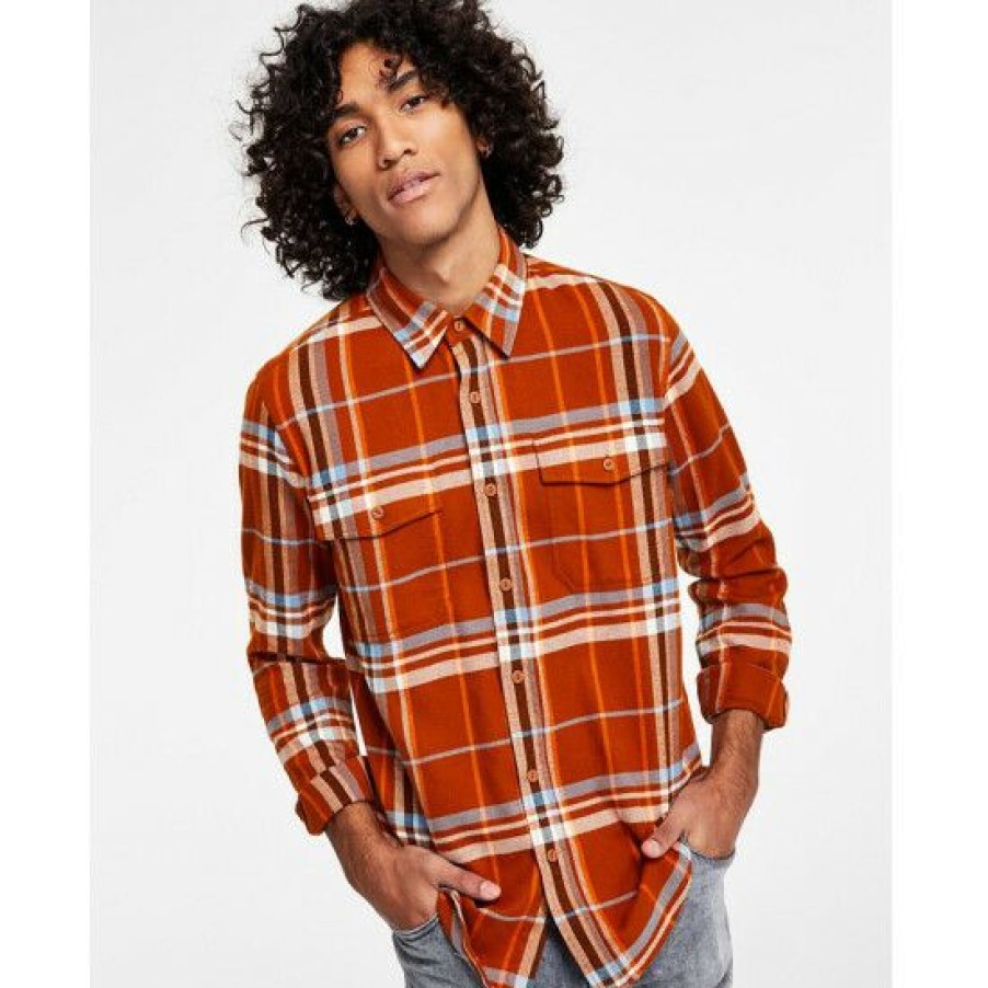 Men * | Brand New Sun + Stone Men'S Paulie Regular-Fit Plaid Flannel Shirt, Created For Macy'S Caramel Cafe