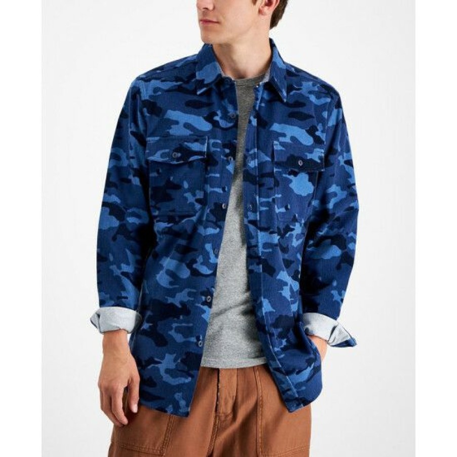 Men * | Discount Sun + Stone Men'S Nolan Regular-Fit Camouflage Corduroy Shirt, Created For Macy'S Blue Combo