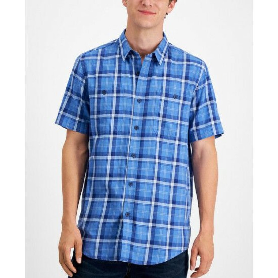 Men * | Hot Sale Sun + Stone Men'S Regular-Fit Plaid Shirt, Created For Macy'S Pompador Blue