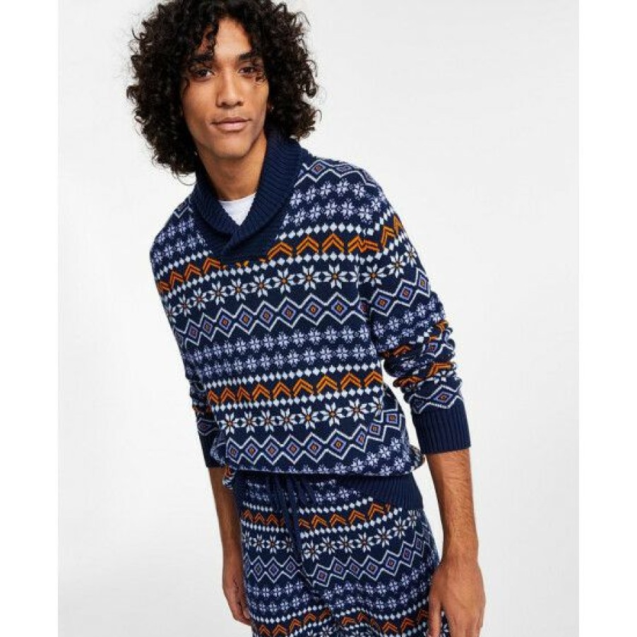 Men * | Brand New Sun + Stone Men'S Fair Isle Shawl-Collar Sweater, Created For Macy'S Pompador Blue