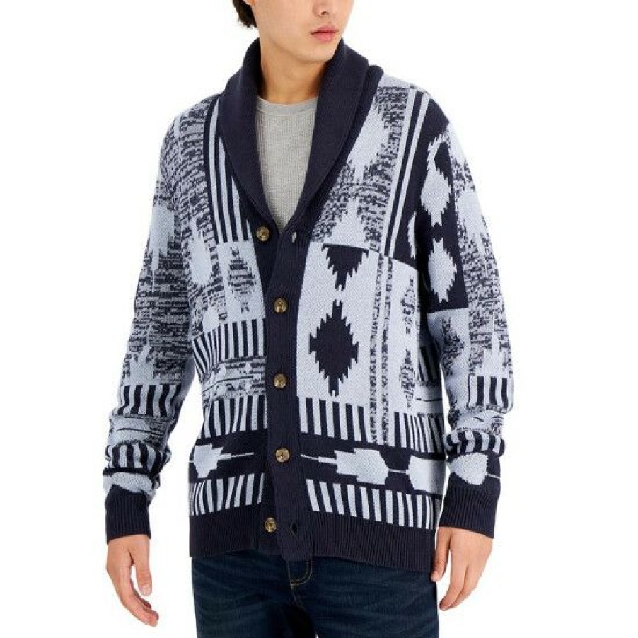 Men * | Buy Sun + Stone Men'S Southwest Geometric-Print Cardigan, Created For Macy'S Basic Navy