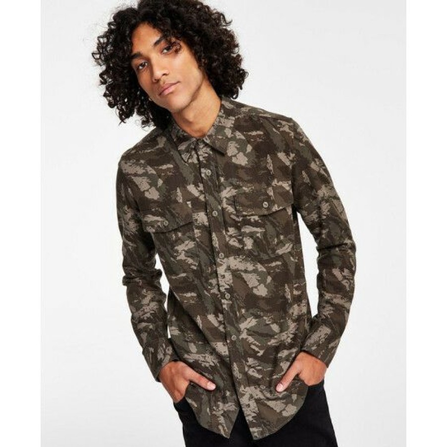 Men * | Discount Sun + Stone Men'S Leo Regular-Fit Camouflage Flannel Shirt, Created For Macy'S Weathered Brown