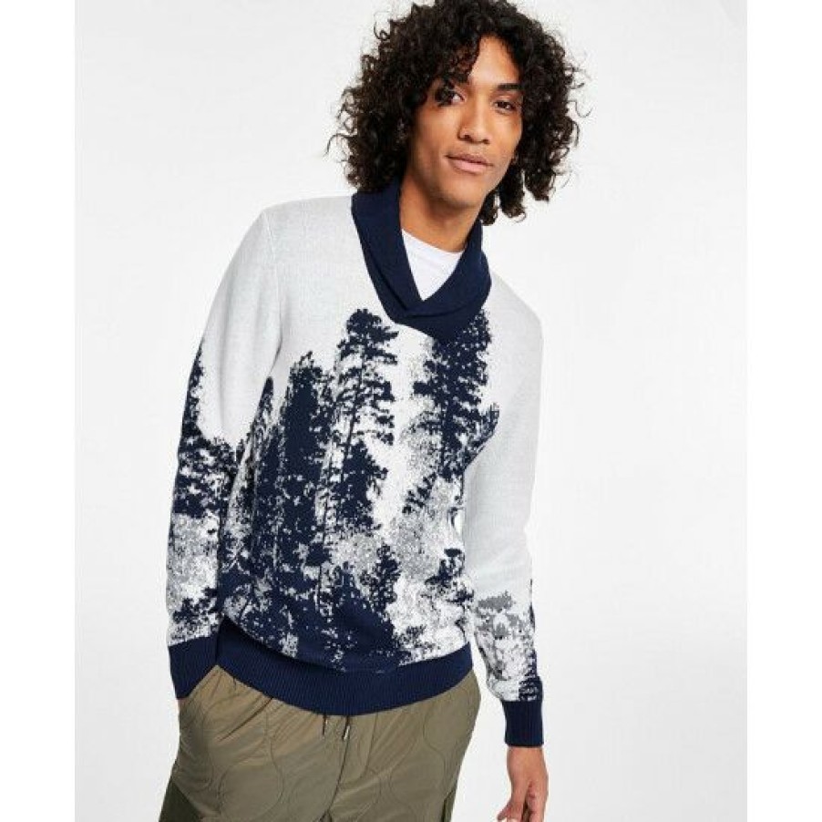 Men * | Deals Sun + Stone Men'S Scenic Tree Shawl-Collar Sweater, Created For Macy'S Vintage White