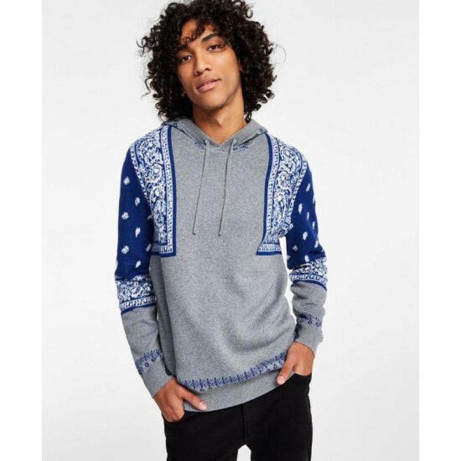 Men * | Flash Sale Sun + Stone Men'S Bandana Intarsia Hoodie, Created For Macy'S Grey Indigo