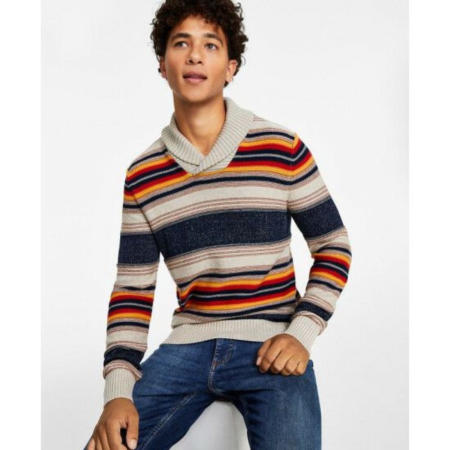 Men * | Cheapest Sun + Stone Men'S Blanket Stripe Shawl Sweater, Created For Macy'S Maple Heather