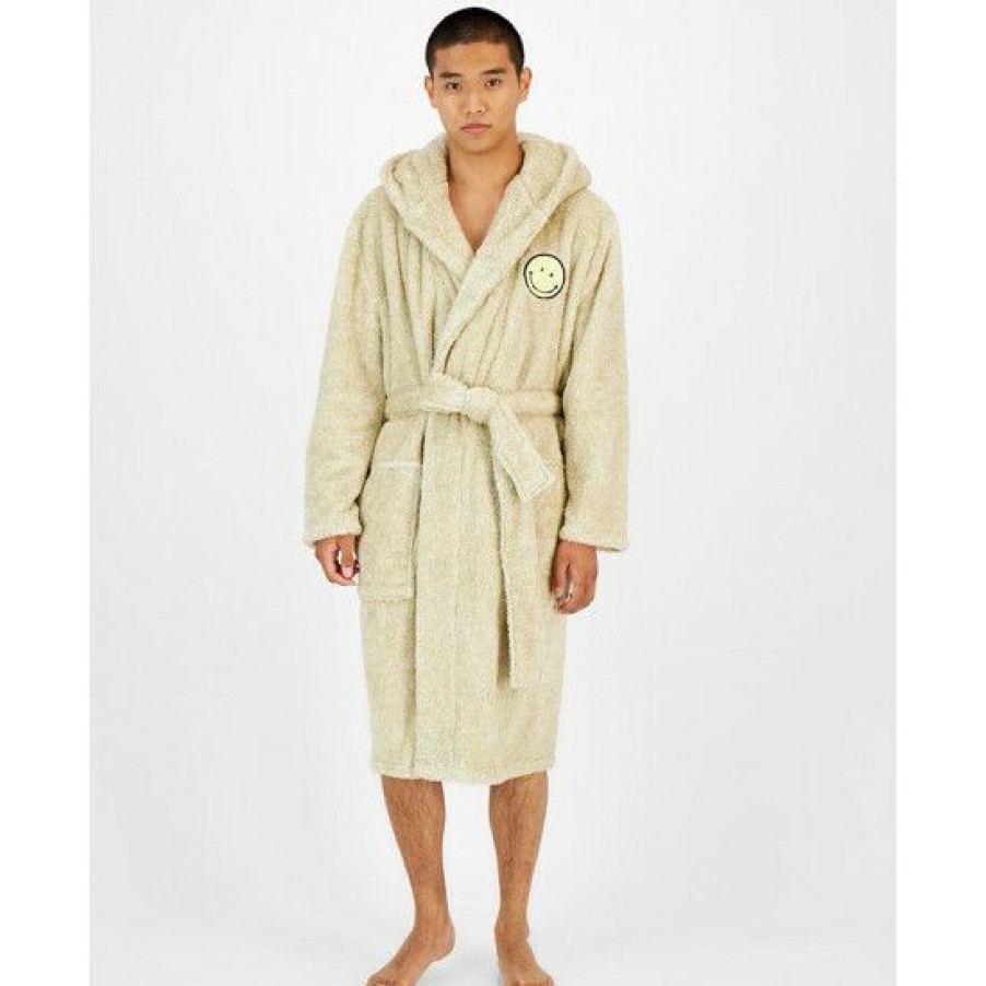 Men * | Flash Sale Sun + Stone Men'S Smiley Embroidered Hooded Fleece Robe, Created For Macy'S Tan