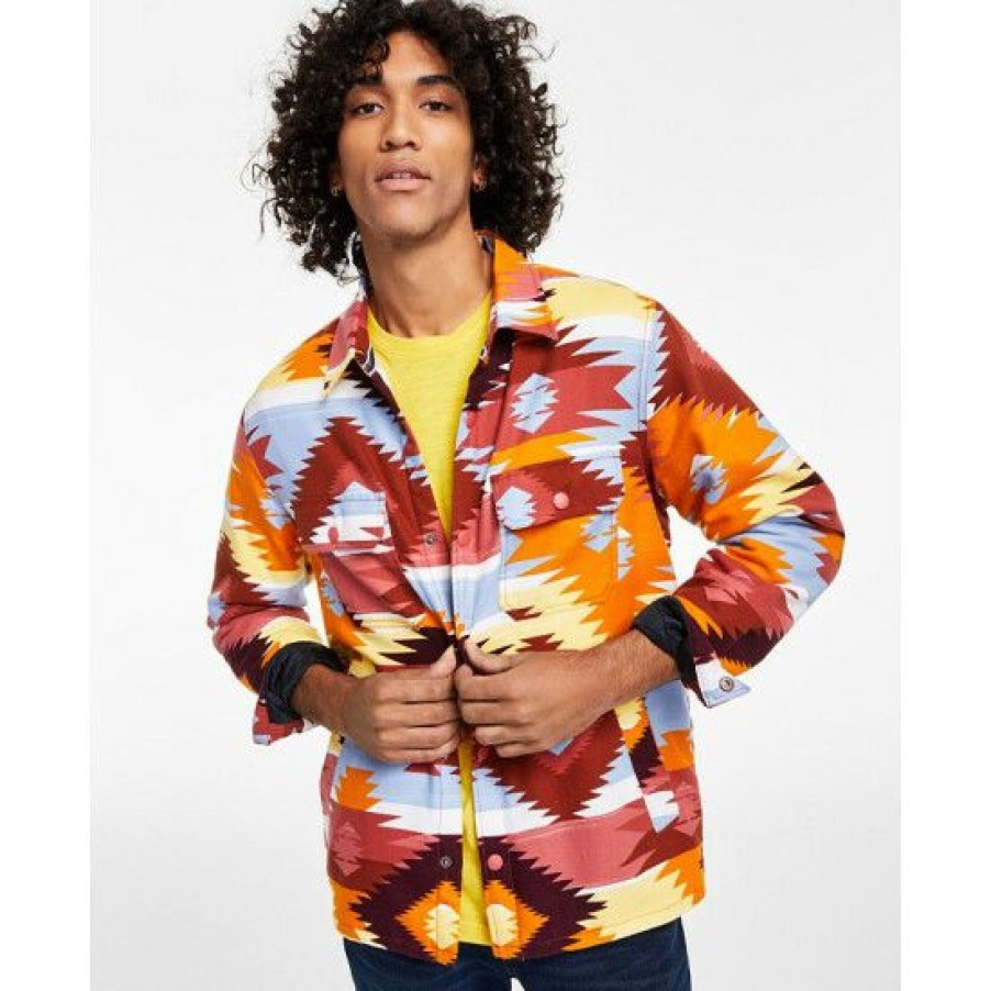 Men * | Discount Sun + Stone Men'S Tompkins Regular-Fit Geo-Print Fleece-Lined Flannel Shirt Jacket, Created For Macy'S Vintage White Combo