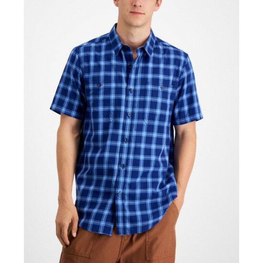 Men * | New Sun + Stone Men'S Regular-Fit Plaid Shirt, Created For Macy'S Pompador Blue