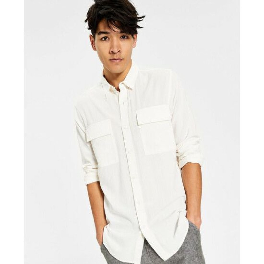 Men * | Cheapest Sun + Stone Men'S Sandro Dobby Long-Sleeve Button-Up Shirt, Created For Macy'S Vintage White