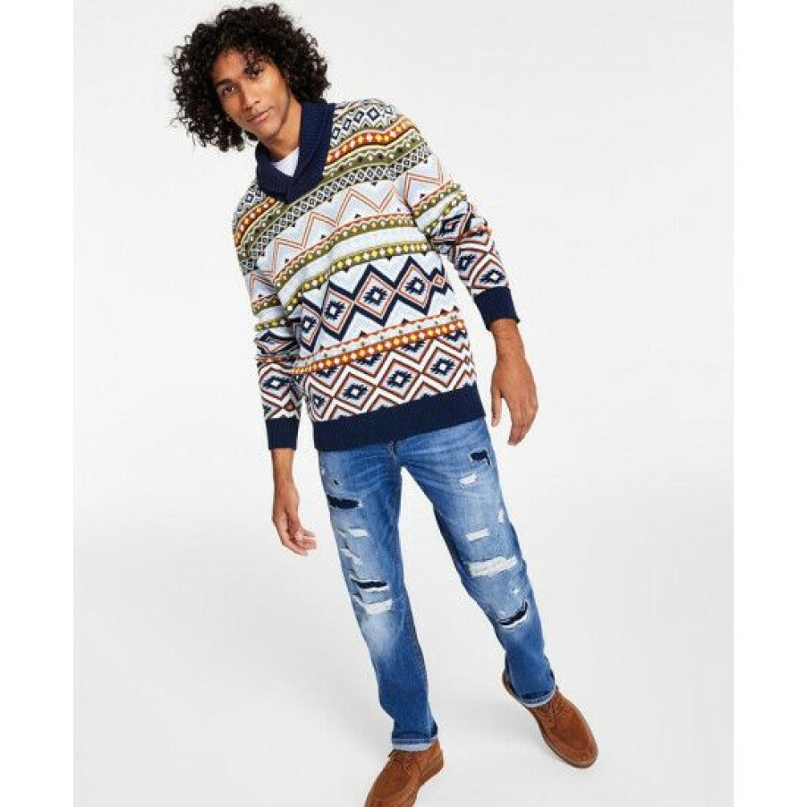 Men * | Cheap Sun + Stone Men'S Braxton Jacquard Shawl-Collar Sweater, Created For Macy'S Basic Navy Combo