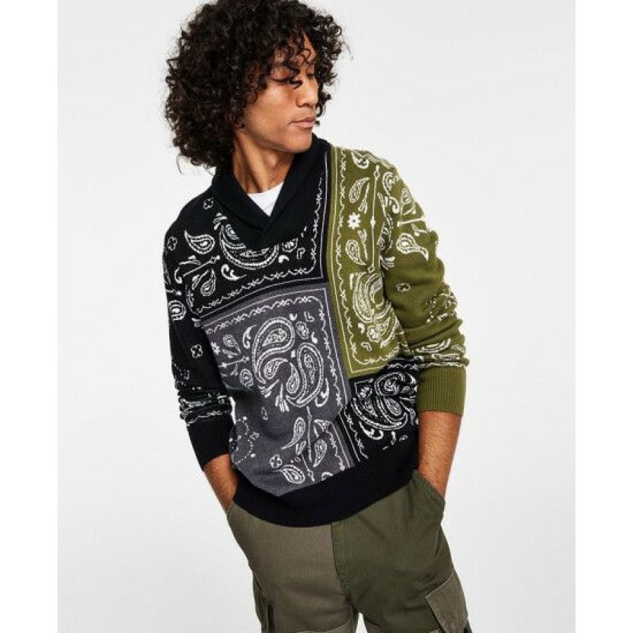 Men * | Budget Sun + Stone Men'S Bandana Patch Sweater, Created For Macy'S Deep Black